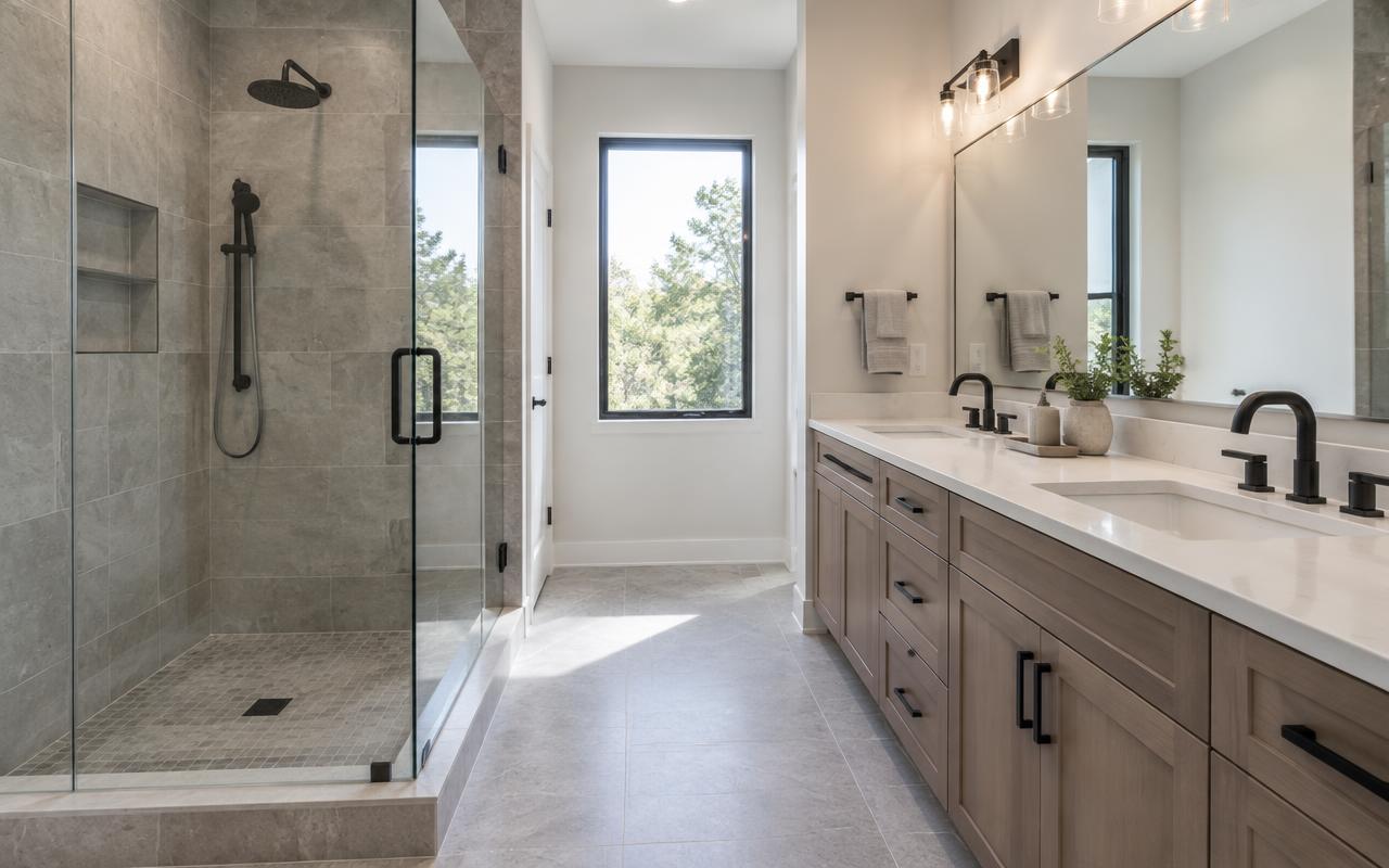 Remodeled bathroom with a tiled walk in shower and a double vanity