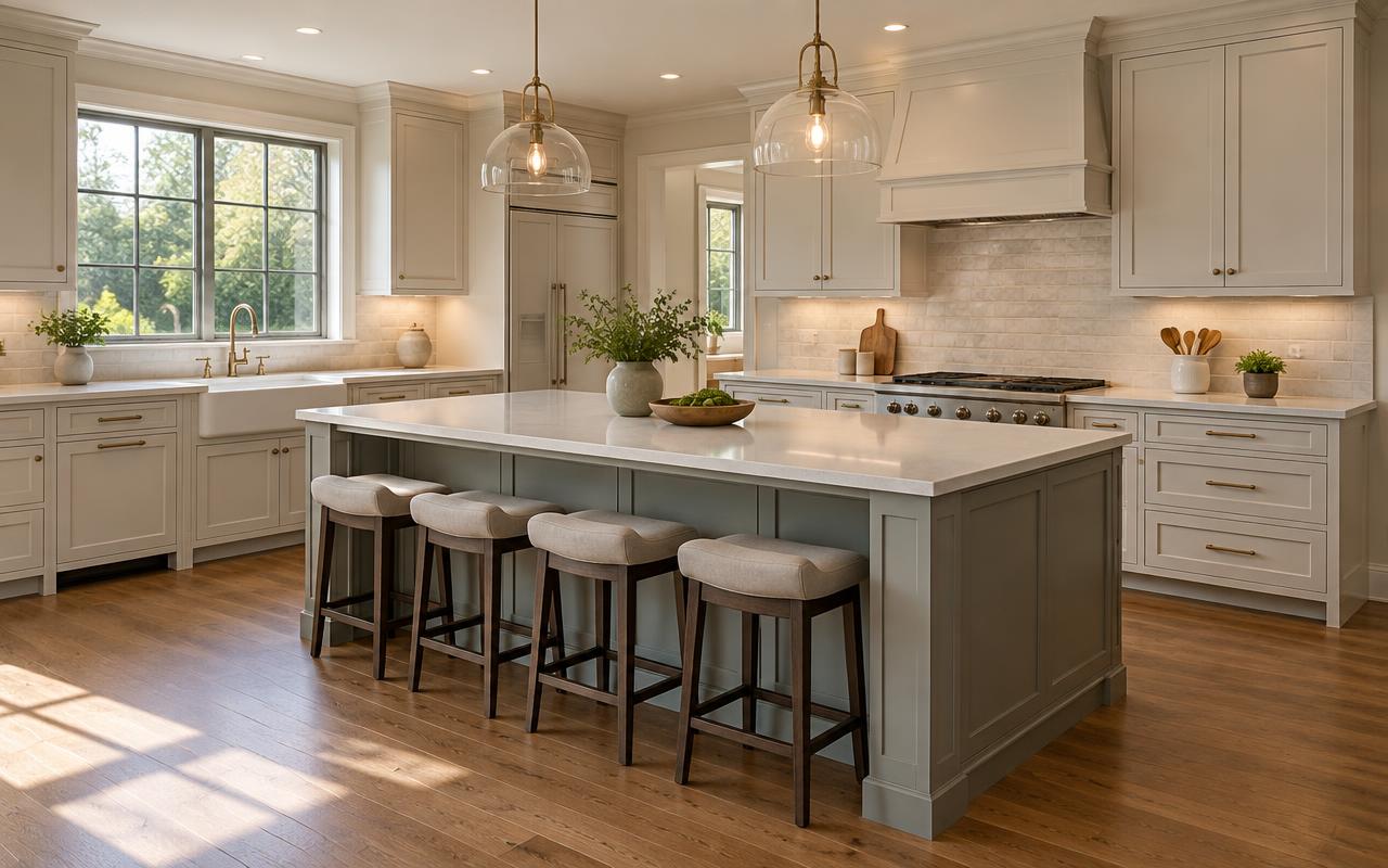 Remodeled kitchen with painted cabinets, quartz counters and a center island