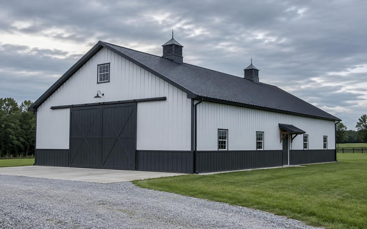 Post frame pole barn with a metal roof and sliding doors on a rural Indiana property