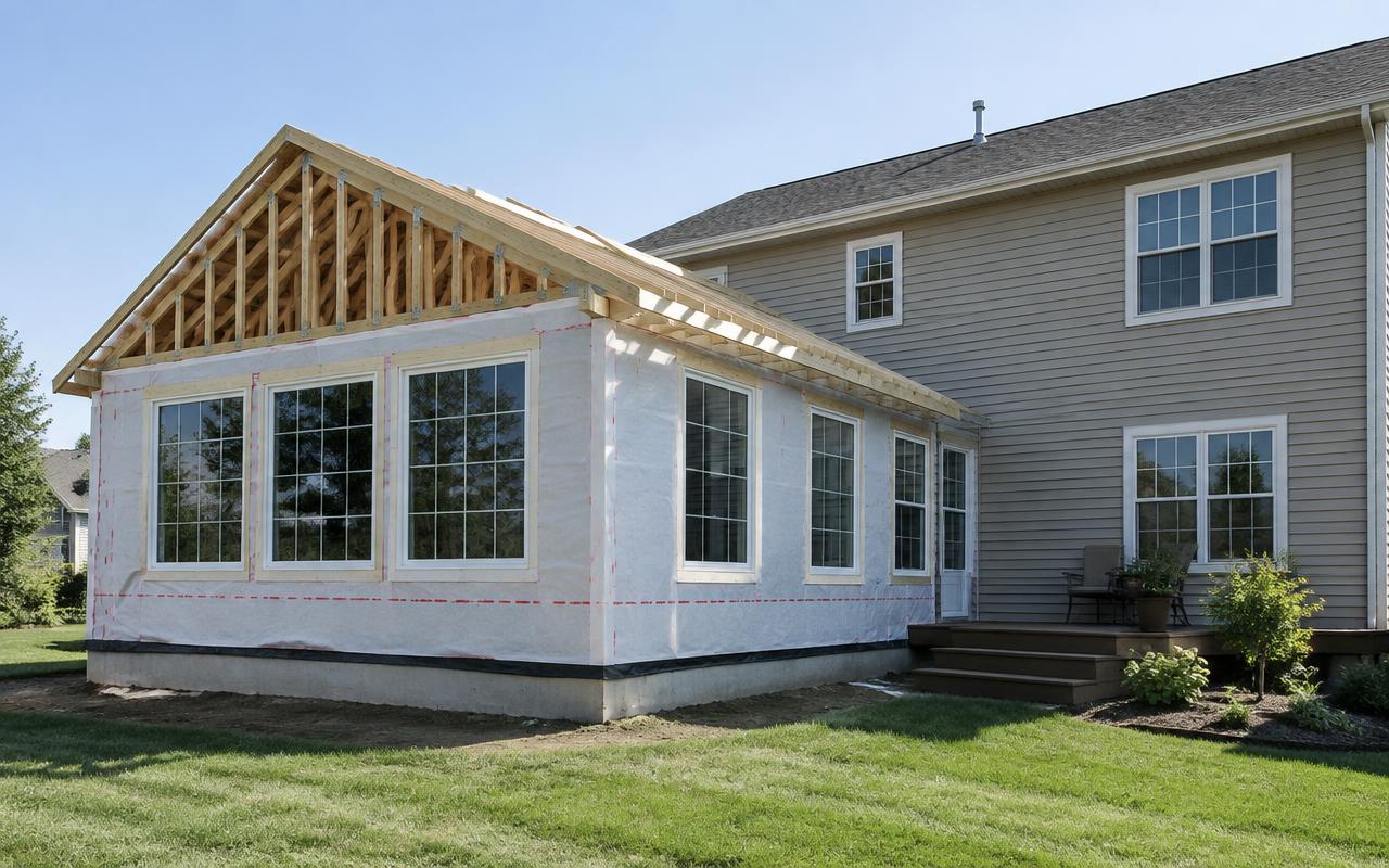 Room addition framed and wrapped against the back of an existing home